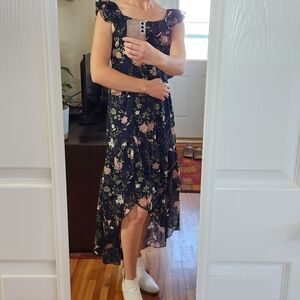 Floral Navy High-Low Midi Dress with Ruffle Sleeves